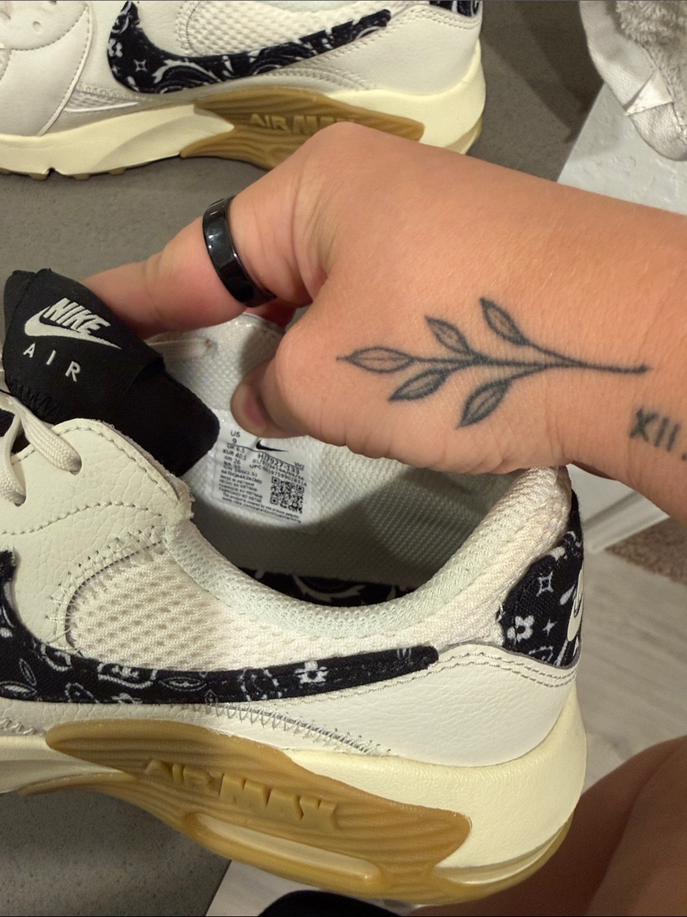 Nike Women’s White Sneakers with Black Paisley Swoosh and Gum Sole - Picture 2 of 4